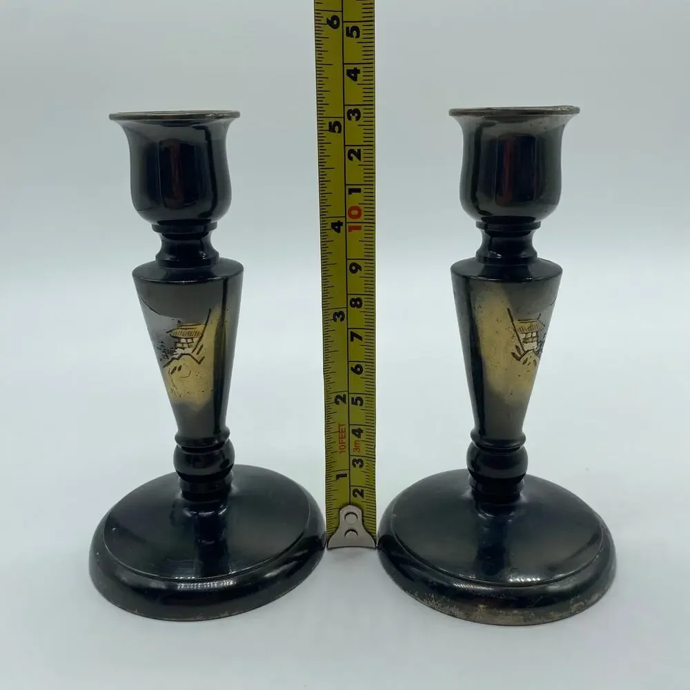Mid Century Modern Silver Etched Japanese Candlestick Holders Vintage Asian Art